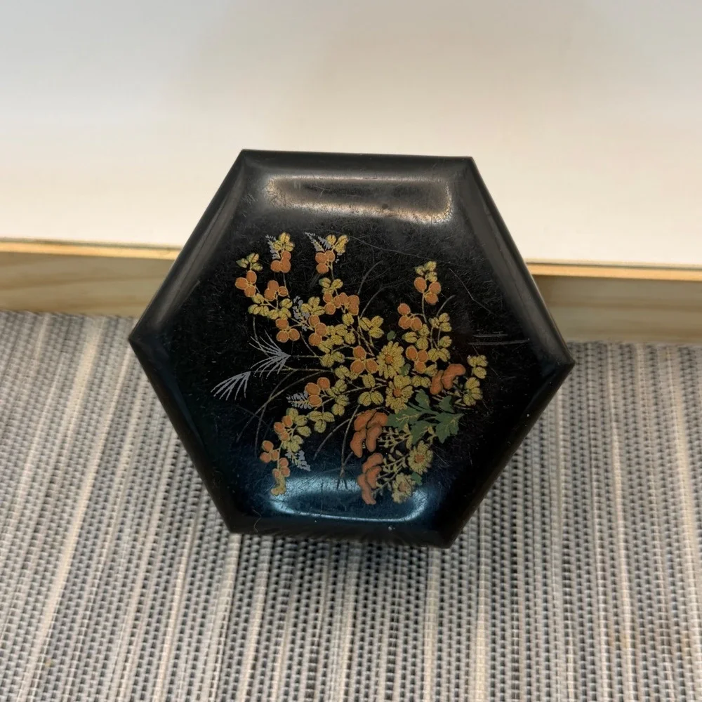 Vintage Hexagon Trinket Box Black Floral Jewelry Case Japanese Style Small 2.75